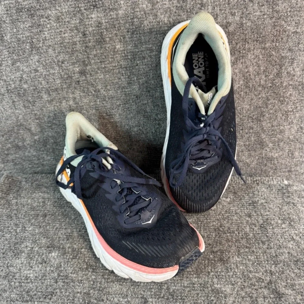 Hoka One One Clifton 7 Navy Blue Orange Pink Running Shoes Women's 5.5